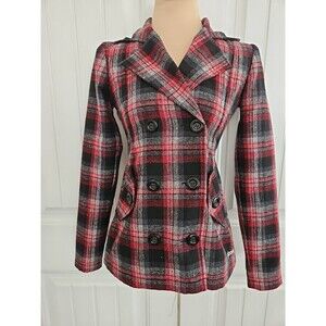 BILLABONG Wool Blend Red/Black Plaid Pea Coat Size S Academia Nwot Preppy Lined